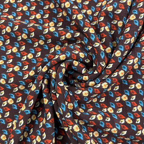 Креп плательный "Листики" D16005, коричневый, голубой, 150 см, 100 г/м²