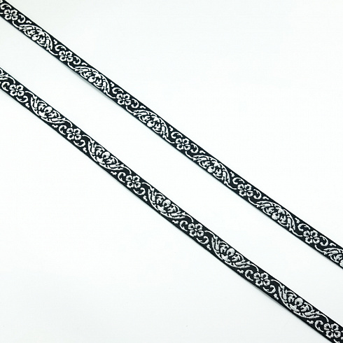 Тесьма декоративная жаккардовая T204 черный, белый, 1,2 см (намотка 25 ярдов)