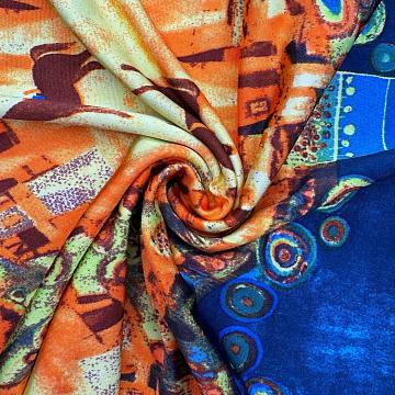 Трикотаж масло набивное купон "Абстракция" D13 синий, оранжевый, 150 см, 200 г/м²
