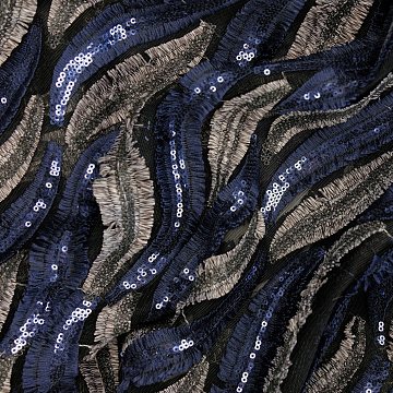 Сетка пайетки "Перья" YMH, черный, синий, 125 см