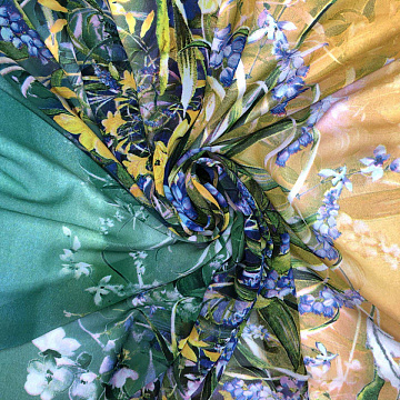 Шифон принт "Цветы" односторонний бордюр F023215, горчичный, зеленый, 75 г/м², 150 см