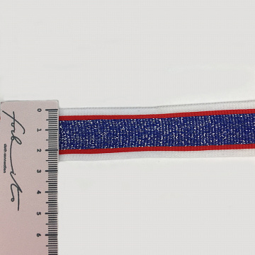 Лампас трикотажный с люрексом T T062 синий, серебро, красный, белый, 3 см (намотка 77 ярдов)