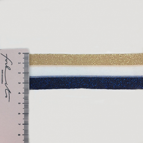 Тесьма (лампас) с люрексом Т T069 золото, белый, темно-синий, 4 см (намотка 80 ярдов)