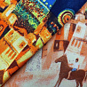 Трикотаж масло набивное купон "Абстракция" D13 синий, оранжевый, 150 см, 200 г/м² фото № 3