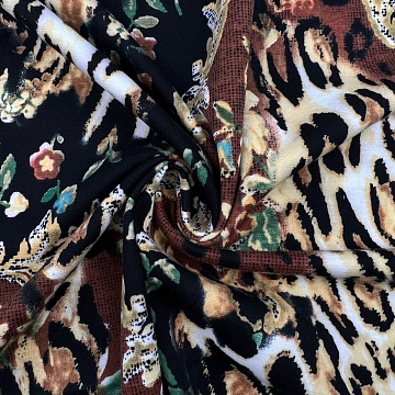 Трикотаж джерси принт "Леопард и цветы" D521, песочный, зеленый, 150 см, 290 г/м²