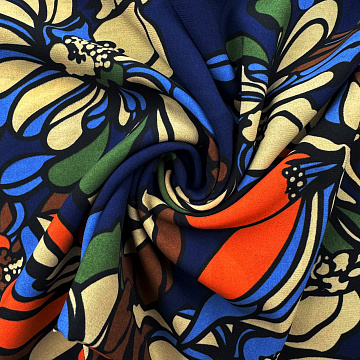 Шифон вельвет принт "Крупные цветы" R-217, темно-синий, бежевый, 70 г/м², 150 см