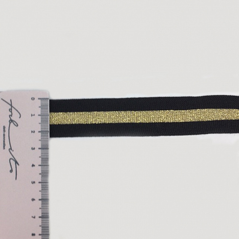 Лампас трикотажный с люрексом T T049 черный, золото, 2,5 см (намотка 77 ярдов)