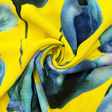 Креп принт "Цветы" R-004, желтый, голубой, 150 см, 100 г/м²