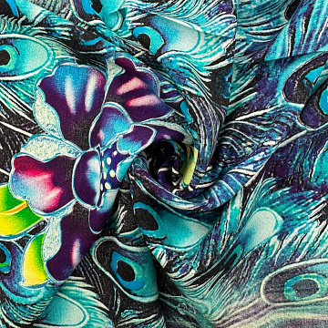 Вискоза (штапель) принт односторонний бордюр "Цветы/перья" 539B, морской волны, фиолетовый, 110 г/м², 150 см