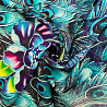 Вискоза (штапель) принт односторонний бордюр "Цветы/перья" 539B, морской волны, фиолетовый, 110 г/м², 150 см фото №1