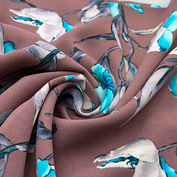 Шифон вельвет принт "Цветы" CV1122, голубой, коричневый, 70 г/м², 150 см