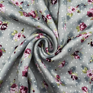 Вискоза-сатин "Цветы" GR013, серый, бордовый, 110 г/м², 150 см