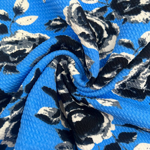 Трикотаж ливерпуль принт "Цветы" EMP008, темно-голубой, чернильный 250 г/м², 150 см.