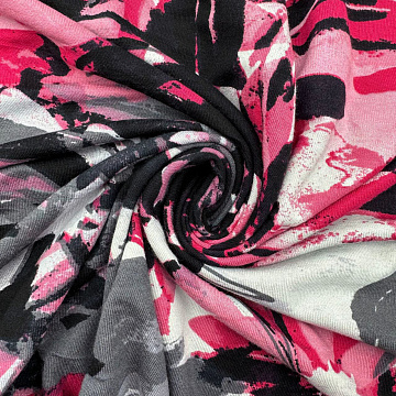 Трикотаж вискоза набивная "Цветы" D6, розовый, черный, 150 см, 200 г/м²