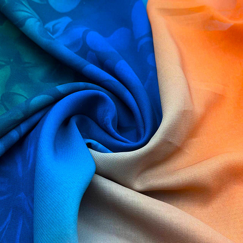 Шифон вельвет двухсторонний бордюр "Цветы" D275, темно-зеленый, синий, оранжевый, 150 см, 70 г/м²