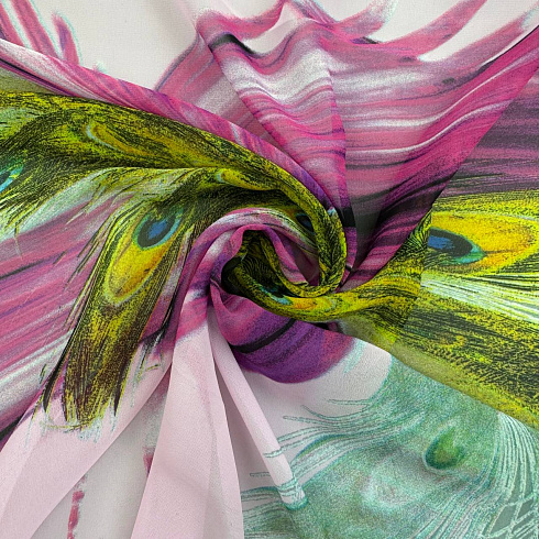 Шифон принт "Перья" односторонний бордюр F020589, светло-розовый, темно-розовый, 75 г/м², 150 см