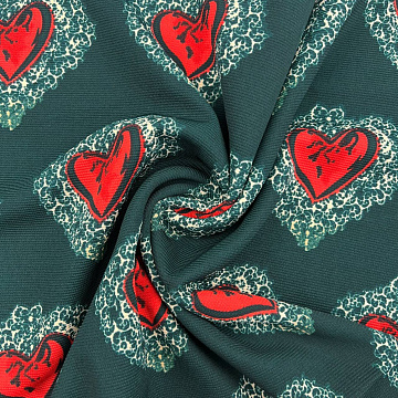 Трикотаж "Оттоман" принт сердечки EMP024, темно-зеленый, красный, 150 см, 270 г/м²