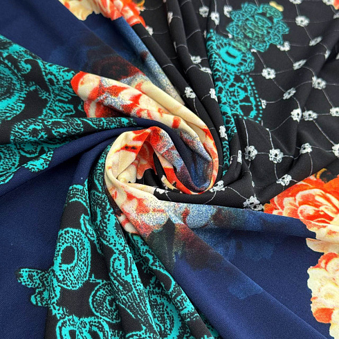Трикотаж масло набивное DGT "Цветы", темно-синий, оранжевый, черный , 150 см, 280 г/м²