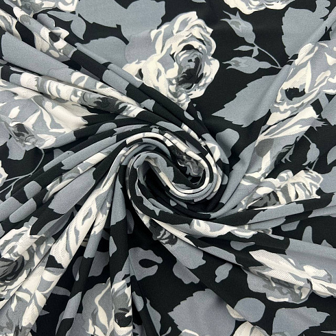 Трикотаж масло набивное "Цветы" F018360 Col.1 серый, черный, 150 см, 280 г/м²