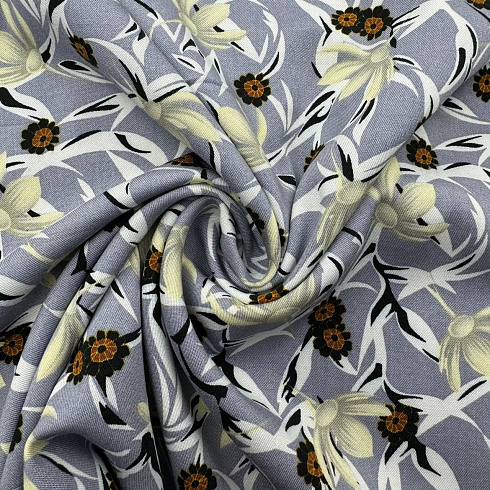 Вискоза-твил "Цветы" GR-015A, серый, белый, 110 г/м², 150 см