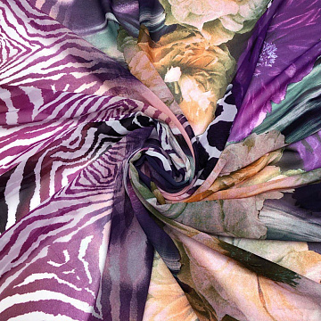 Шифон принт "Цветы" двухсторонний бордюр F020173, белый, пурпурный, 75 г/м², 150 см