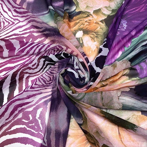 Шифон принт "Цветы" двухсторонний бордюр F020173, белый, пурпурный, 75 г/м², 150 см
