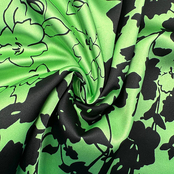Сатин спандекс принт "Цветы" D3 зеленый, черный, 100 г/м², 150 см