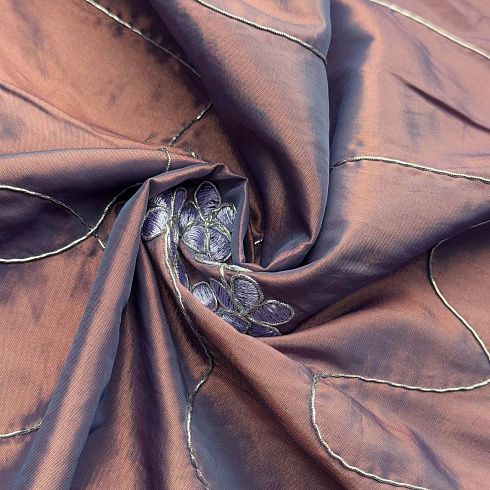 Тафта с вышивкой сутаж D1, персиково-голубой, серебряный, 90 г/м², 150 см