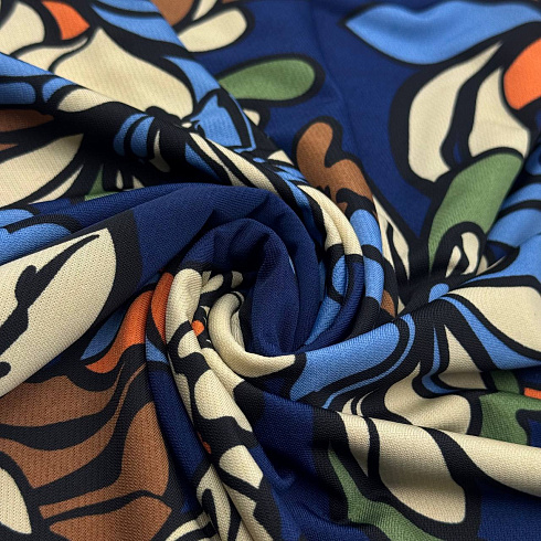 Трикотаж масло набивное "Цветы" FDY TWIL, синий, оранжевый, 150 см, 200 г/м²