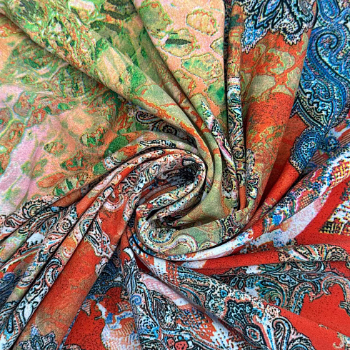 Трикотаж масло набивное DGT "Пейсли", оранжевый, зеленый , 150 см, 280 г/м²