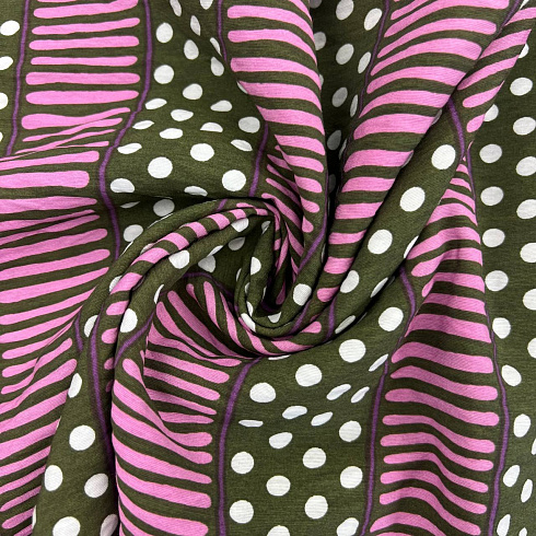 Блузочная ткань с вискозой "Горохи и черточки" D7048, хаки, темно-розовый, 90 г/м², 150 см