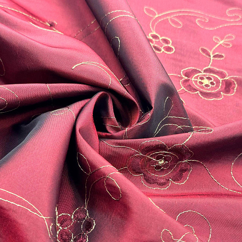 Тафта с металлической вышивкой D1А, пунцовый, золотой, 90 г/м², 150 см