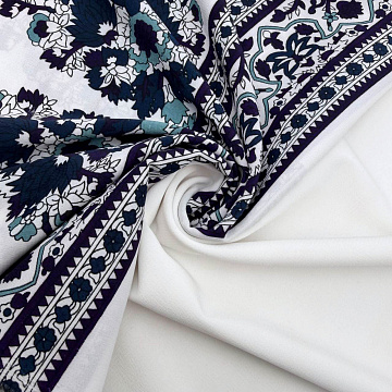 Шифон спандекс принт "Узоры" D6, белый, фиолетовый, синий, 150 см, 100 г/м²