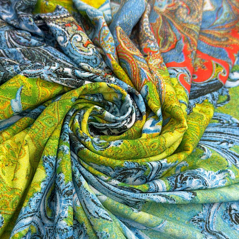 Трикотаж масло набивное DGT "Пейсли", оранжевый, голубой, зеленый , 150 см, 280 г/м²