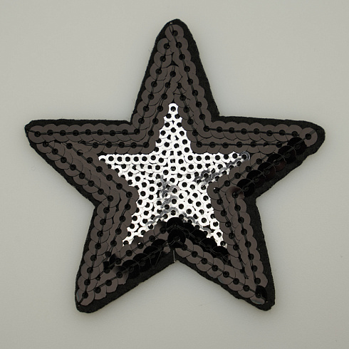 Термонаклейка "Звезда" с пайетками KL-152 черный, серебро, 7,5 см
