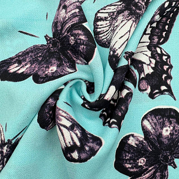 Креп плательный "Бабочки" D10009, голубой, черный, 150 см, 100 г/м²