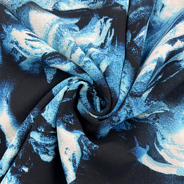 Креп плательный "Цветы" R157, черничный, голубой, 150 см, 100 г/м²