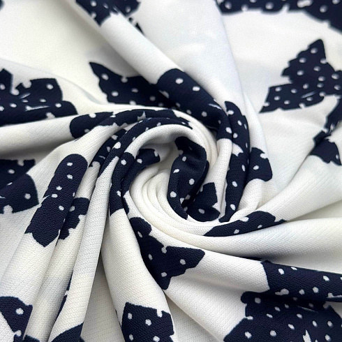 Трикотаж масло набивное "Бантики" FDY TWIL, белый, темно-синий, 150 см, 200 г/м²