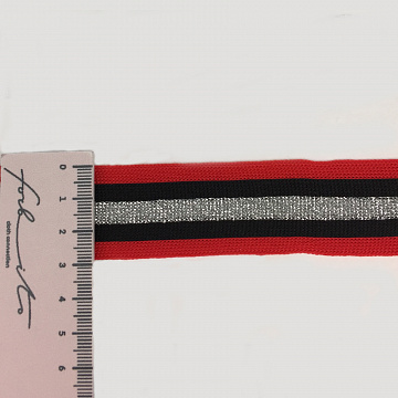 Лампас трикотажный с люрексом T T058 красный, черный, серебро 3см (намотка 77 ярдов)