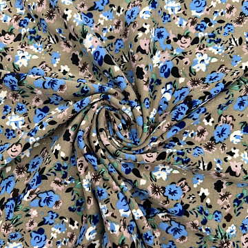 Трикотаж масло браш "Цветы" D DTY238 темно-бежевый, голубой, 150 см, 200 г/м²