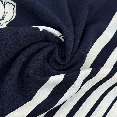 Костюмная принт односторонний бордюр "Цветы" арт.NZ-595, темно-синий, белый, 150 см, 200 г/м²