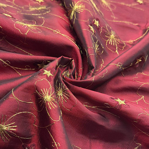 Тафта с металлической вышивкой D2, красный, золотой, 90 г/м², 150 см