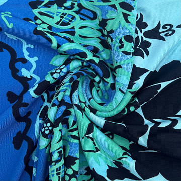 Трикотаж "Оттоман" принт цветы односторонний бордюр D050, темно-голубой, светло-голубой, 150 см, 270 г/м²