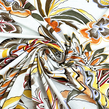 Трикотаж вискоза набивная "Цветы" D-RY20063, белый, оранжевый, 150 см, 200 г/м²