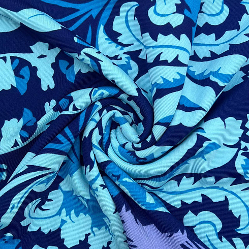 Трикотаж "Оттоман" принт цветы голубой, синий, 150 см, 270 г/м²