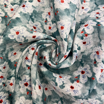 Блузочная ткань с вискозой "Акварельные цветы" ZM81064, серо-голубой, терракотовый, 90 г/м², 150 см