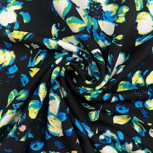 Трикотаж креп "Цветы" RY22103 черный, голубой, 150 см, 220 г/м²