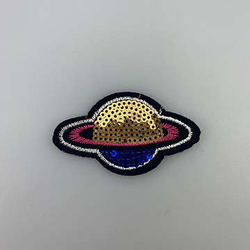 Термонаклейка "Сатурн" с пайетками KL-193 золото, темно-синий 6,5см