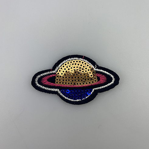 Термонаклейка "Сатурн" с пайетками KL-193 золото, темно-синий, 6,5 см