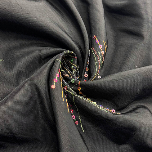 Тафта жатая с паетками D1, черный, 90 г/м², 150 см